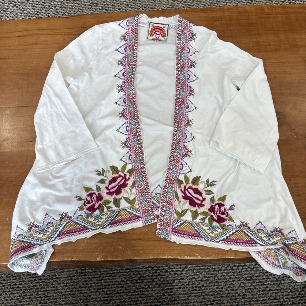 New Johnny Was Embroidered Cotton Open Cardigan Kimono Bolero Top Sz S